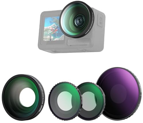 NEEWER Kit de Accesorios 4 en 1 de Filtro ND y Objetivo Compatible con dji Osmo Action 5 Pro/4, ND8-32 Variable + CPL + Black Diffusion 1/4 + Lente Gran Angular 185°, atornillable, Cristal óptico HD