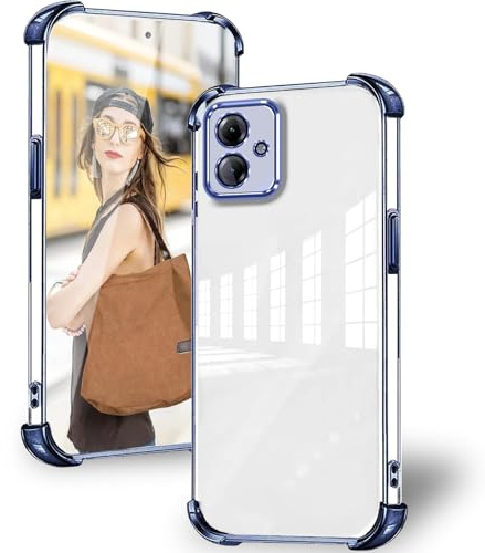 DESSEN Funda para Motorola Moto G14 con Protector Lente Camara & Esquinas Reforzadas Antigolpes Carcasa Silicona Transparente Móvil Case Suave TPU Antiamarilleo, Azul