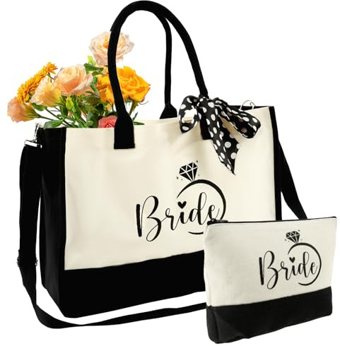 Eyoulife 2 Teiliges 3 in 1 Braut Geschenkset Mit Reißverschluss Verstellbarer Schultergurt 43×32×15cm Bride Tasche mit Tragetasche Kosmetiktasche Brauttasche Doppelte Nähte, für Brautpartys