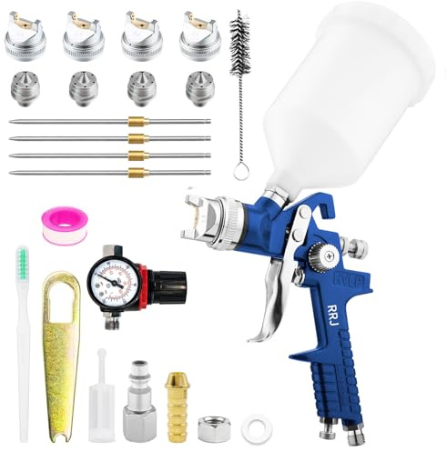 HVLP Lackierpistole Spritzpistole Kit mit 4 Düsen 1,4/1,7/2,0/2,5mm, Profi Farbspritzpistole Schwerkraft Sprühgeräte mit 600 ml Plastikbecher Druckmesser (Blau)