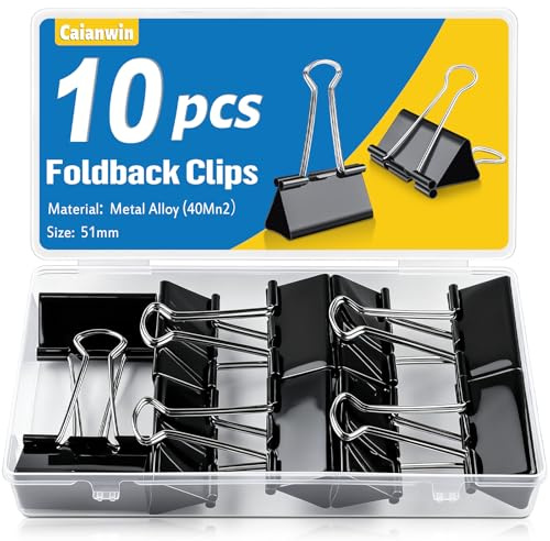 10 stycken svarta foldback-klämmor sats, Caianwen 51 mm bindare klämmor metall pappersklämmor stora mångsidiga klämmor, dokumentklämmor pappersklämmor metall för skola kontorsmaterial brevpapper
