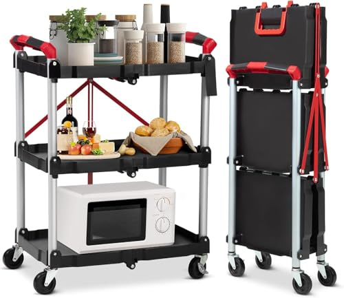 Virimolo Klappbarer Servierwagen, 3 Etagen Rollwagen Mit Rollen, Faltbarer KüChenwagen, Lagerwagen, Werkzeugwagen, Klappbares Regal 58 * 38 * 83,5cm, Bis Zu 150 Kg Belastbar (Schwarz)