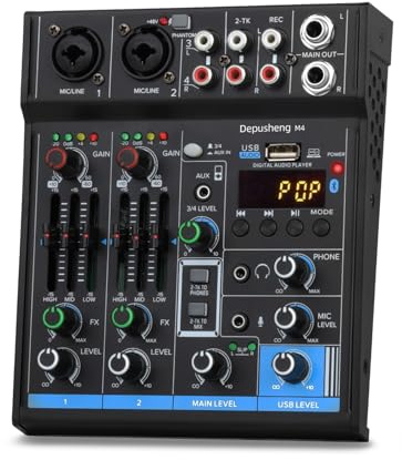 Mixeur audio, M4 Mini mixeur 4 canaux Carte son DJ 16 effets numériques Console de réduction du bruit Enregistrement USB for le chant