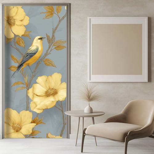 Türtapete Selbstklebend Retro Blumen Vögel 86x200 cm Grau Türposter Fototapete PVC Türaufkleber DIY Türbild, Türfolie Poster Tapete Küche Bad Dekoration