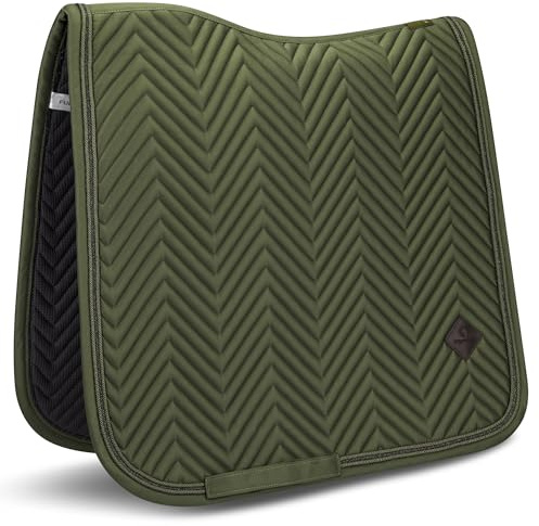 Equimour Sage Green - Coprisella in raso per cavalli, anatomico, traspirante, con fodera in bambù e bordo glitterato, toppa in pelle vegana, elegante accessorio da equitazione per addestramento