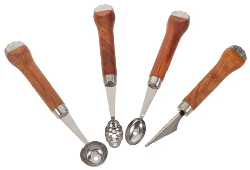 MUELODSIC 4pezzi Utensili per Frutta e Verdura da Scavino per Melone in Taglierina per Intaglio della Frutta Scavino per Anguria con Manico in Legno Paletta Rotonda e Cucchiaio per Gelato