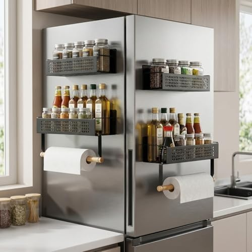 AUHFKD Magnetisches Gewürzregal Set, 4-tlg. (2 Groß + 2 Klein) - Mit Aufhängeleiste für Küchenrolle, Extrastarker Magnet, Bohrfrei - Vielseitiger Spice Organizer für Kühlschrank, Küche & Wand