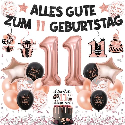 Tasoraor Deko 11. Geburtstag Mädchen Ballons - 11. Geburtstagsdeko Girlande Konfetti Rosegold Luftballons, XXL Zahlenballon und Tortendeko für 11 Geburtstagsparty Dekoration