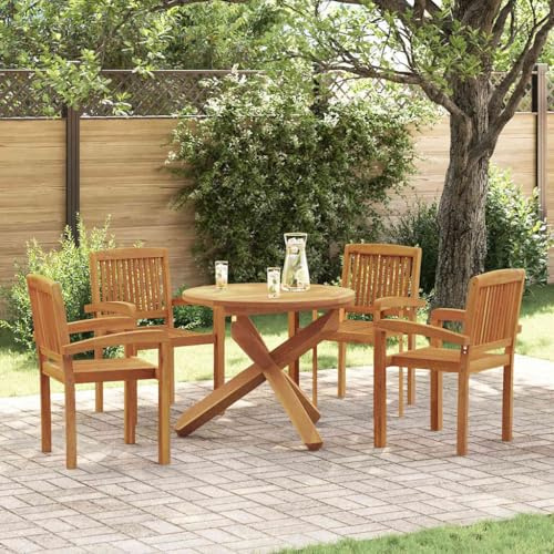 QUAHEAS 5-TLG. Garten-Essgruppe aus massivem Teakholz, runder Esstisch mit 4 stapelbaren Stühlen, witterungsbeständig für Terrasse, Balkon, Gartenmöbel-Set