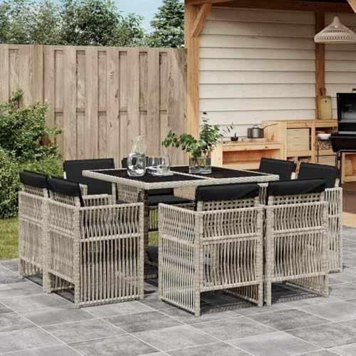 Mokuyary Grupo de comedor de jardín de 9 piezas, con cojín, gris claro, poliratán, mesa de comedor, comedor, resistente a la intemperie, muebles de balcón para porches, patios, terrazas, material de