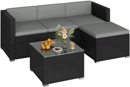 Yaheetech Set med 5 trädgårdsmöbler, balkongmöbler i set av PE-rotting väderbeständiga terrassmöbler utomhus med 2 hörnsoffa & stol och sidobord och sittdyna för trädgård/balkong/terrass, svart och