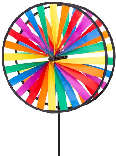 HQ Windspiel Magic Wheel Duett Windrad Gartendeko mit Standstab | Farbenfroh dreht schon bei leichtem Wind wetterfest UV-beständig langlebig für Garten Terrasse & Balkon Rad-Ø28cm, H79xT16cm