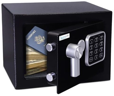 SereneLife Home Safe Box Locker, Small Money Safe, Mini Fireproof Safes, Wall & Floor Steel Vault, Electronic Digital Keypad, 2 Keys, 23.1 × 17 × 17cm, Secure for Cash, Guns, Jewelry & More - Black