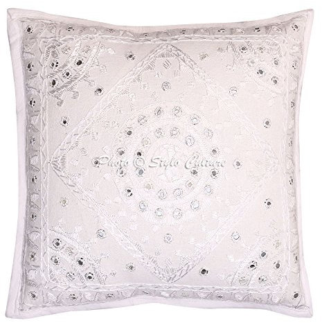 Stylo Culture Boho Fundas para Cojines Decorativos 40x40 cm Algodón Espejado Forros De Cojines Silla Blanco 16x16 Inch Bordado Cuadrado sobre Fundas para Almohadas De Cama - 1 Pc
