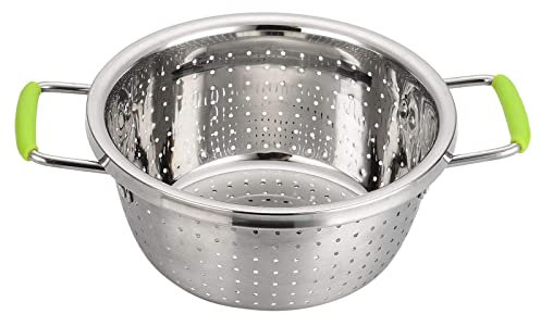 Contiup Stainless Steel Double-Handle Colander Deep Micro-Perforated 2.5 Quart Metal Food Strainer with Green Silicone Handles for Draining Pasta friuts Cleaning