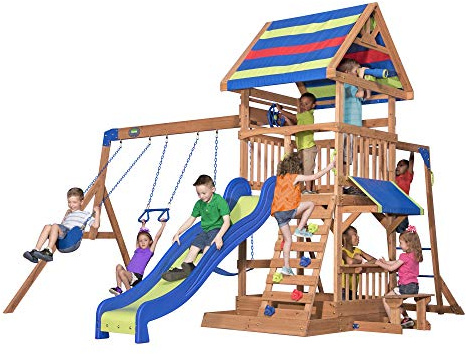 Backyard Discovery Beach Front Cedar Wood Swing Set with Wave Slide, Play Deck, Monkey Bars, Rock Wall Ladder, Shaded Picnic Area, Snack Bar, Belt Swings, Trapeze, Sandbox Area, Outdoor Playset