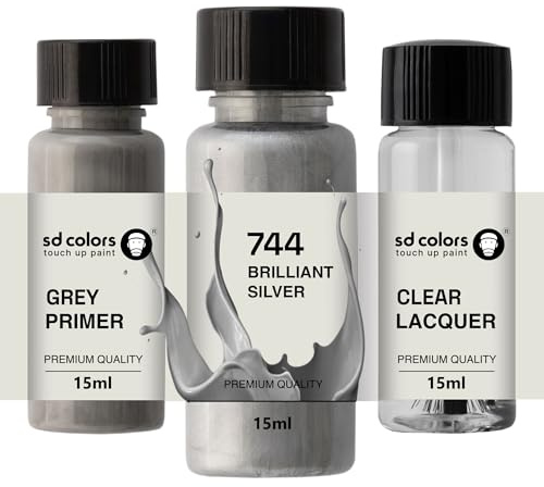SD COLORS Brilliant Silver 744 Ausbesserungslack, 15 ML, Reparatur-Pinsel, Farbcode 744 Brilliant Silver (Farbe + Grundierung + Lack)