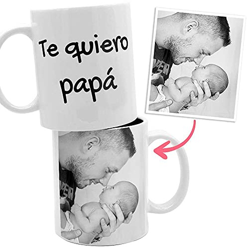 Taza con foto y texto personalizada. Regalo original taza de cerámica tamaño estándar desayuno (33cl) ideal para regalar Navidad, día del Padre, día de la Madre, etc.