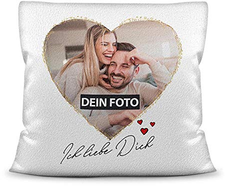 Print Royal Fotokissen inkl. Füllung mit Spruch - Ich Liebe Dich - zum Selbst Gestalten mit Wunschfoto im Herz für Verliebte - Kissen Polyester - Weiß flauschig, 40 x 40 cm