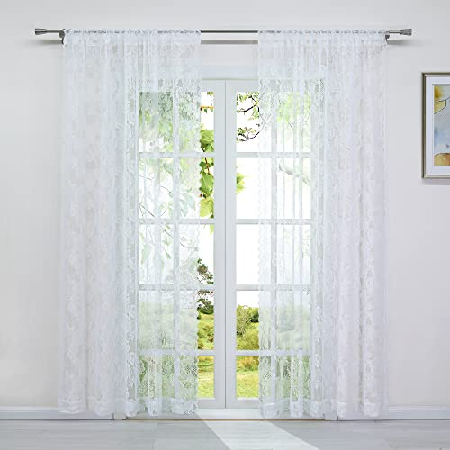 HeichkelL Spitze Vorhang Weiß Transparent Jacquard Gardinen mit Rosenblumen Weinachten Fenster Dekoschals Elegant Gardinenstores für Wohnzimmer Hochzeit 2 x (152 x 213 cm)