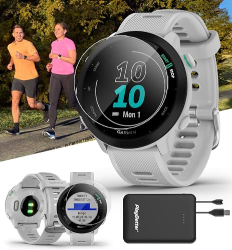 Garmin Forerunner 55 - Reloj para correr con GPS (blanco) | Reloj con monitor de frecuencia cardíaca para principiantes con rastreador de tiempo, ritmo y velocidad | Paquete de energía protectores de