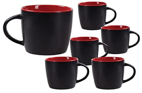6 tazas de café grande con asa negras mate de 350ml, tazas de cerámica aptas para lavavajillas, para café, cacao, latte, té, regalo (ROJO)