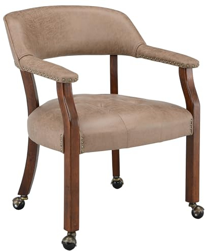 PADMA HOUSE Vintager Retro Sessel Polstersessel Atmungsaktiver-Leder Esszimmerstuhl, Computerstuhl Abnehmbare Räder, Schminkstuhl Buchsessel mit Nietenelement (Gelbliches Braun)