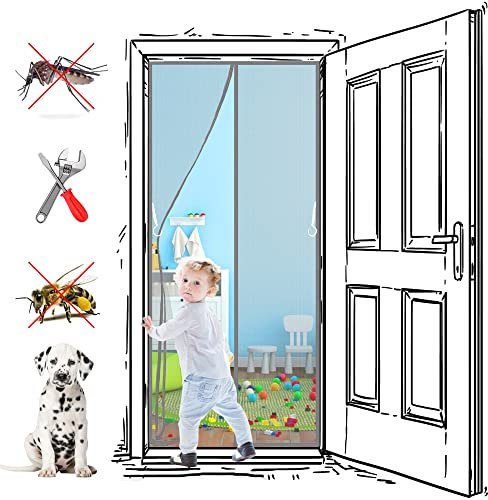 Magnet Fliegengitter Tür Automatisches Schließen Insektenschutz für, Hände frei, Klebemontage Ohne Bohren, für Balkontür Kellertür Patio 185 x 205 cm Grau