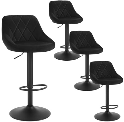WOLTU 4 stycken barstolar i sammet, vadderad, höjdjusterbar, svängbar, svart