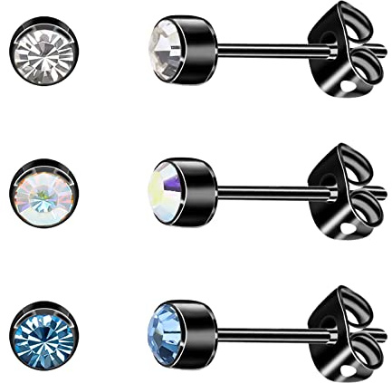 3 Paar/Satz Damen Ohrstecker Titan Mädchen Ohrringe Hypoallergen Kristall Herren Ohrringe 4 mm/5 mm Silber/Schwarz/Roségold/vergoldete Ohrringe