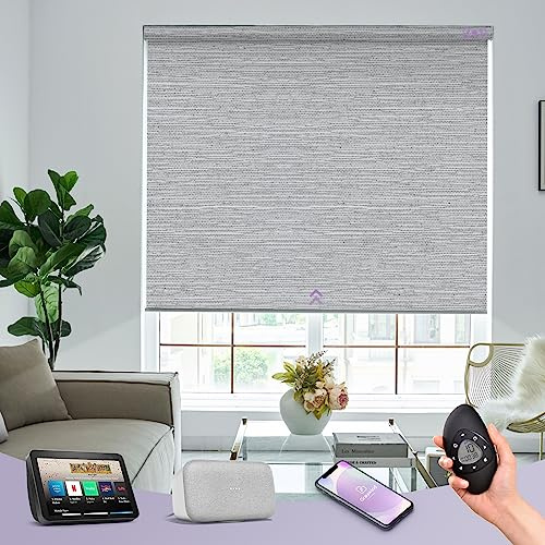 Graywind Elektrisches Rollo Innen, Elegante Textur-Stoff Verdunkelungsrollo nach Maß, Wiederaufladbar Motorisierte Rollo mit Fernbedienung, Alexa & Google kompatibel, Sichtschutz, Jacquard Grau