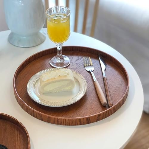 Uadme Bandeja Madera, Rústica Decorativa Bandeja de Madera Redonda para Servir con Asas y Borde Elevado para Postre Pastel Comida Café Vino Decoración de Mesa De Frutas