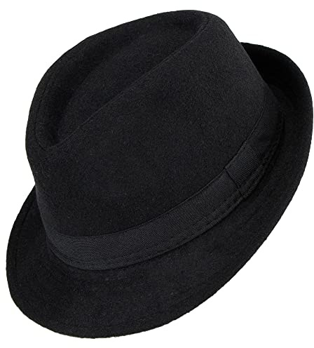 Cappello Classico Fedora a Tesa Corta Manhattan Strutturato Gangster Trilby Jazz Hat con Fascia (S-M), Nero/Banda Larga, Medium