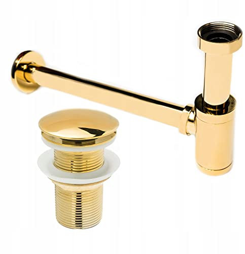 AquaParts Universal Siphon mit Badewannenstöpsel | Golden | Abflussstopfen | Abfluss Stöpsel | für Planschbecken, Badewanne | verhindert Verstopfung & Gerüche