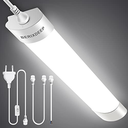 BERIXDEEP Feuchtraumleuchte LED 150cm, 3m Stecker, Plug-and-Play, 4000K | 45W 4000K 4500lm Deckenlampen für Garage Keller Werkstatt Bad Büro Warenhaus Wäschekammer, 1.2m langes Anschließbares Kabel