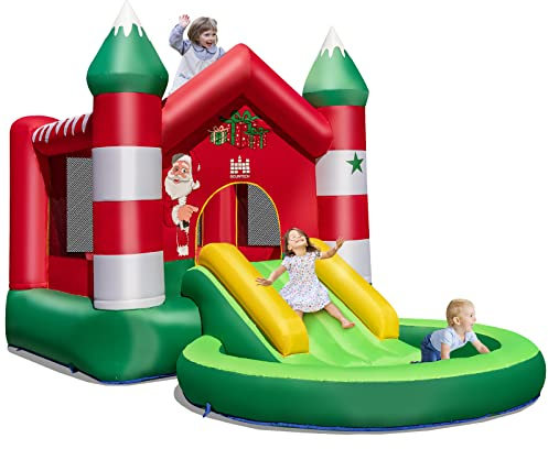 COSTWAY Castello Gonfiabile per Bambini, Con Scivolo, Trampolino e Piscina, per 3 Bambini di 3-10 Anni, Con Borsa di Trasporto e Kit di Riparazione, 390 x 210 x 220 cm (Senza soffiatore)