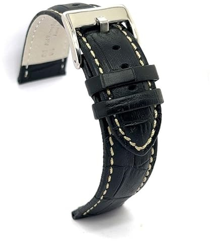 diloy Correa cuero grabado cocodrilo escama cuadrada alomada deportiva costura blanca – Para reloj – Tallas 14mm 16mm 18mm 20mm 22mm 24mm 26mm 28mm 30mm – Elegante 378 Negro 18mm