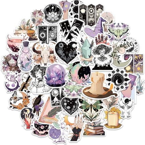 APAREAL Hexe Aufkleber 50 Stück, Vintage Fantasy Sticker Set für Laptop Fahrrad Skateboard Motorrad Snowboard Koffer, Wasserfeste Vinyl Schwarz und Weiß Sticker für Erwachsene