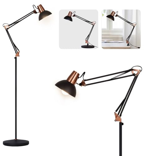 FIRVRE Lampada da Terra a LED, Piantana Girevole in Metallo Retrò, 3 Modalità di Utilizzo - Lampada da Terra, Tavolo e Clip, Lampada da Lettura per Architetti E27 con Pulsante