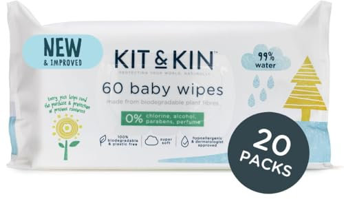 Kit & Kin Premium Eco Baby Wipes, 1200 Wet Wipes (20 packs) | Biodegradable Plastic-Free & Super Soft | 99% Water | No Perfumes | New & Improved Formula