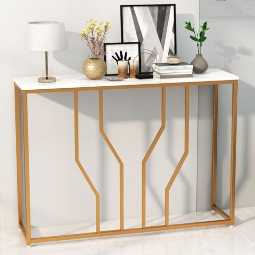 LIFEZEAL Table Console Effet Marbre, Table d'Entrée à 2 Niveaux, Table de Couloir avec Cadre Papillon, Table Décorative Étroite pour Salon et Couloir, 100 x 30 x 79 cm, Doré (Style 2, Blanc)