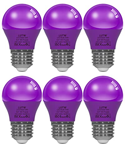 LUTW Lila Bunte Glühbirnen E27, 5W LED Farbige Glühbirne ersetzt 40W Glühlampe, G45 Globe Farbig Leuchtmittel Lampe für Hochzeit Halloween Weihnachten Party Bar, 6 Stück