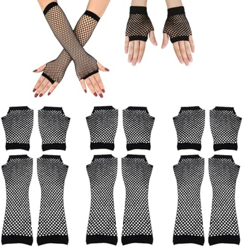 CHUANGOU 6 Pares Guantes de Rejilla Largos y Cortos，Guantes De Red Largos，para Carnaval, Halloween, Navidad.