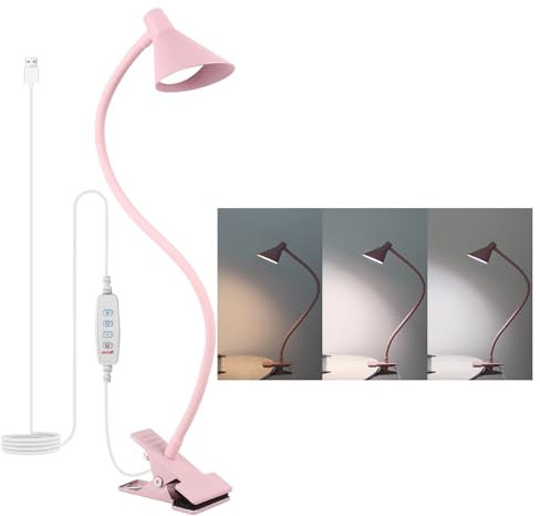 Qooltek Lampe de bureau LED, 3 modes de couleur, 10 luminosité, alimentée par USB 5 W avec bras flexible, rose