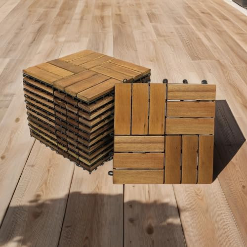 Loreno Akazienholz Holzfliesen 11er Set, 30x30 cm Klicksystem, Wetterfest und Frostsicher - Balkonfliesen, Terrassenfliesen, Balkon und Terrassenboden - Ideal für Außenbereich und Garten, Fliese 02