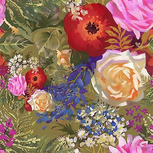 VEELIKE Aquarell Tapete Blumen Grün Kühne Blumentapete Rot Rosa Selbstklebende Tapete Blumen Vintage Tapeten Wohnzimmer Muster Fototapete Schlafzimmer Tapeten Floral Möbelfolie Flur 44.5cm×300cm