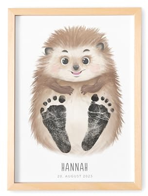 DEL MÀ Unique & Personal Fußabdruck Baby Tierbild personalisiertes Igel Bild für Babyzimmer Deko Kinderzimmer Neugeborenen Geschenk zur Geburt (OHNE FARBE | DIN A4)