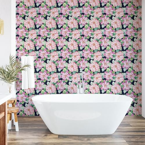 ABAKUHAUS Retro abziehbare & klebbare Tapete für Zuhause, Rosa Blumen Blätter Kunst, selbstklebendes Wohnzimmer Küchenakzent, 33 cm x 250 cm, Baby Pink Jadegrün