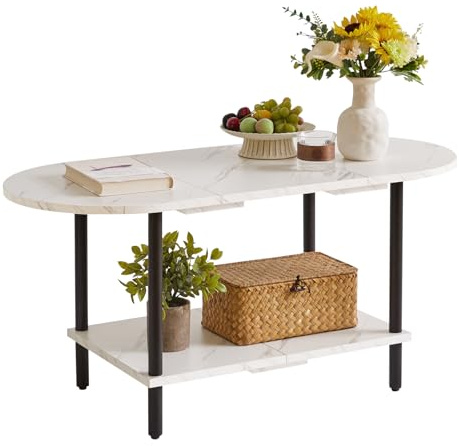 Aibiju Coffee Table, Small Living Room Table, Sofa Table with Wooden Legs and 2 Tier Storage for Living Room Home Office, 35x16x17inch White Faux Marble + Black, YD-011M