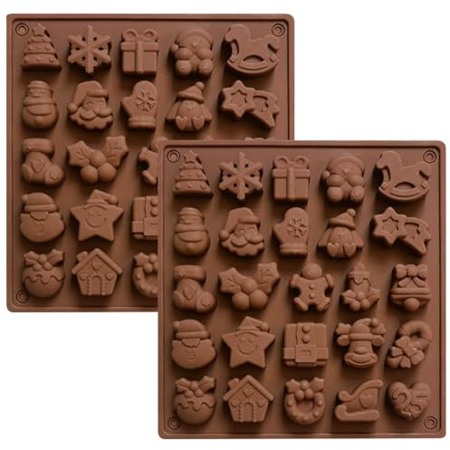 YXHZVON Lot De 2 Moule à Chocolat de Noël, 25 Cavités de Noël en Silicone Moule à Bonbons, Moule à Gâteau Antiadhésif Avec Formes sur le Thème de Noël